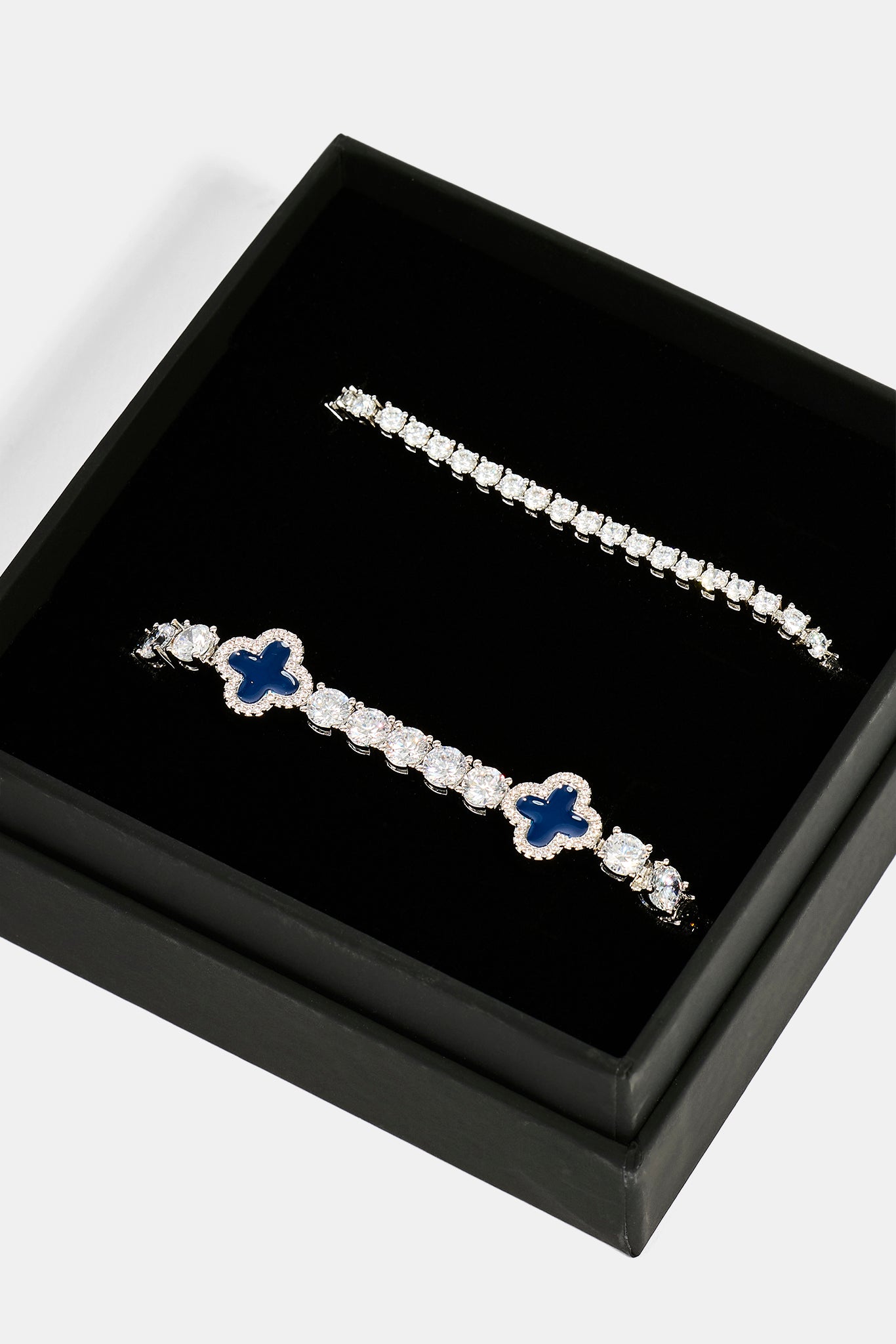 3mm Tennis Bracelet & 5mm Blue Motif Tennis Bracelet Set - White