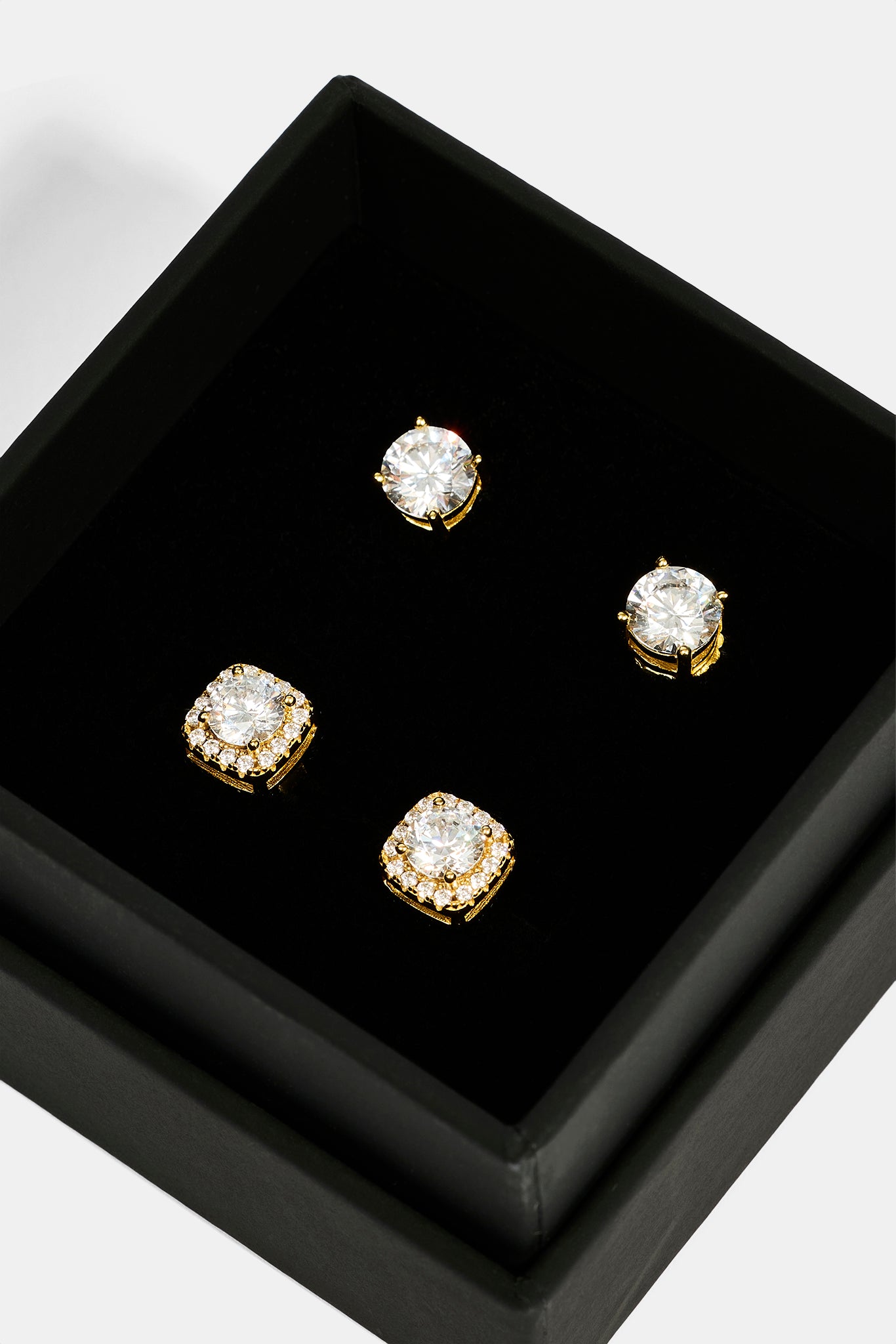 7mm Iced Cluster Stud Earrings & 6mm Round Cut Stud Earrings - Gold