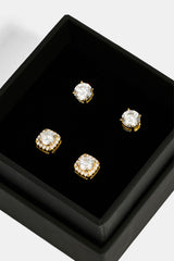 7mm Iced Cluster Stud Earrings & 6mm Round Cut Stud Earrings - Gold