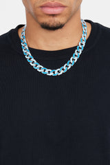 Mixed Blue Enamel And Polished Cuban Chain - White Gold