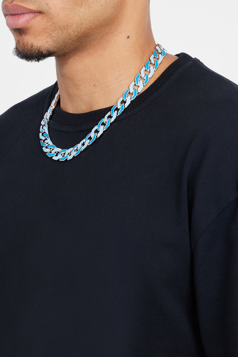 Mixed Blue Enamel And Polished Cuban Chain