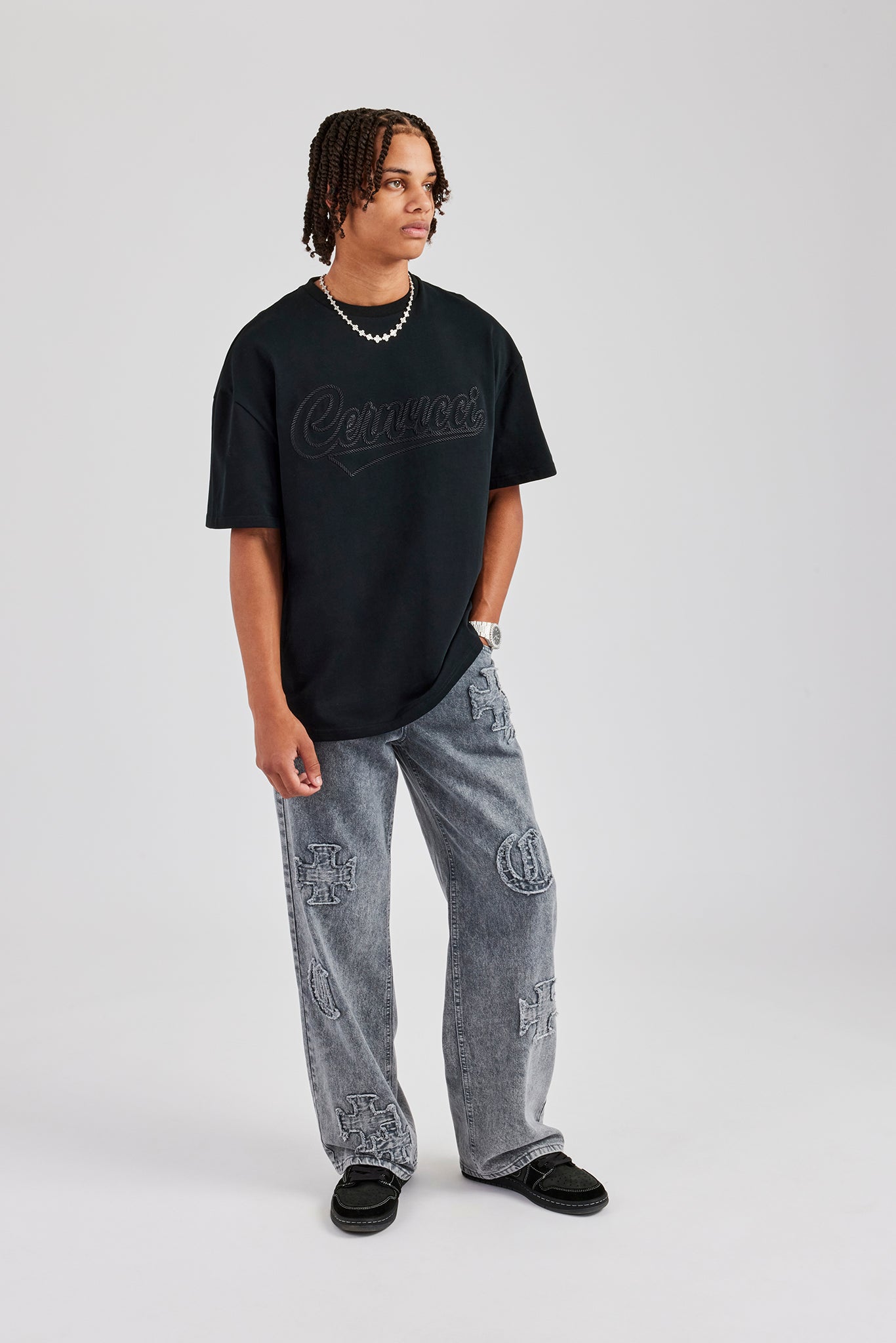 Baggy Raw Edge Applique Jeans - Grey | Mens Denim | Shop Denim