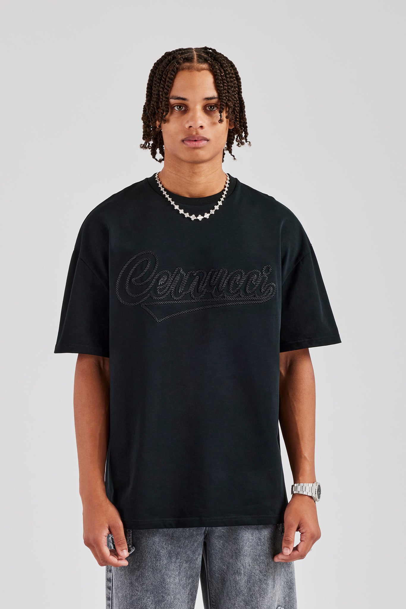 Oversize-T-Shirt mit Seilschriftzug - Schwarz