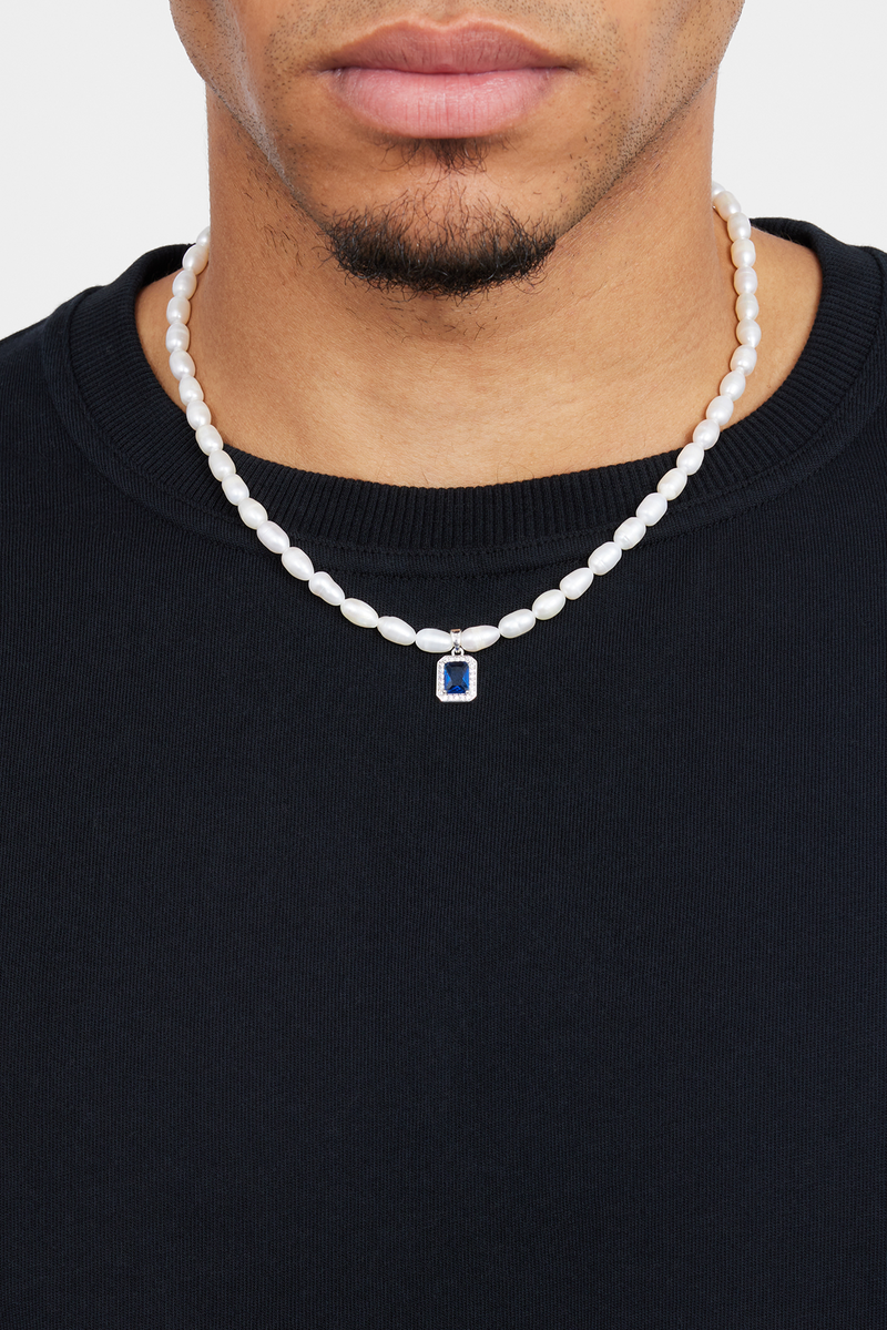 6 mm Süßwasserperlen-Halskette mit blauem Edelstein