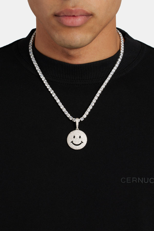 Large Iced CZ Happy Face Pendant - White Gold