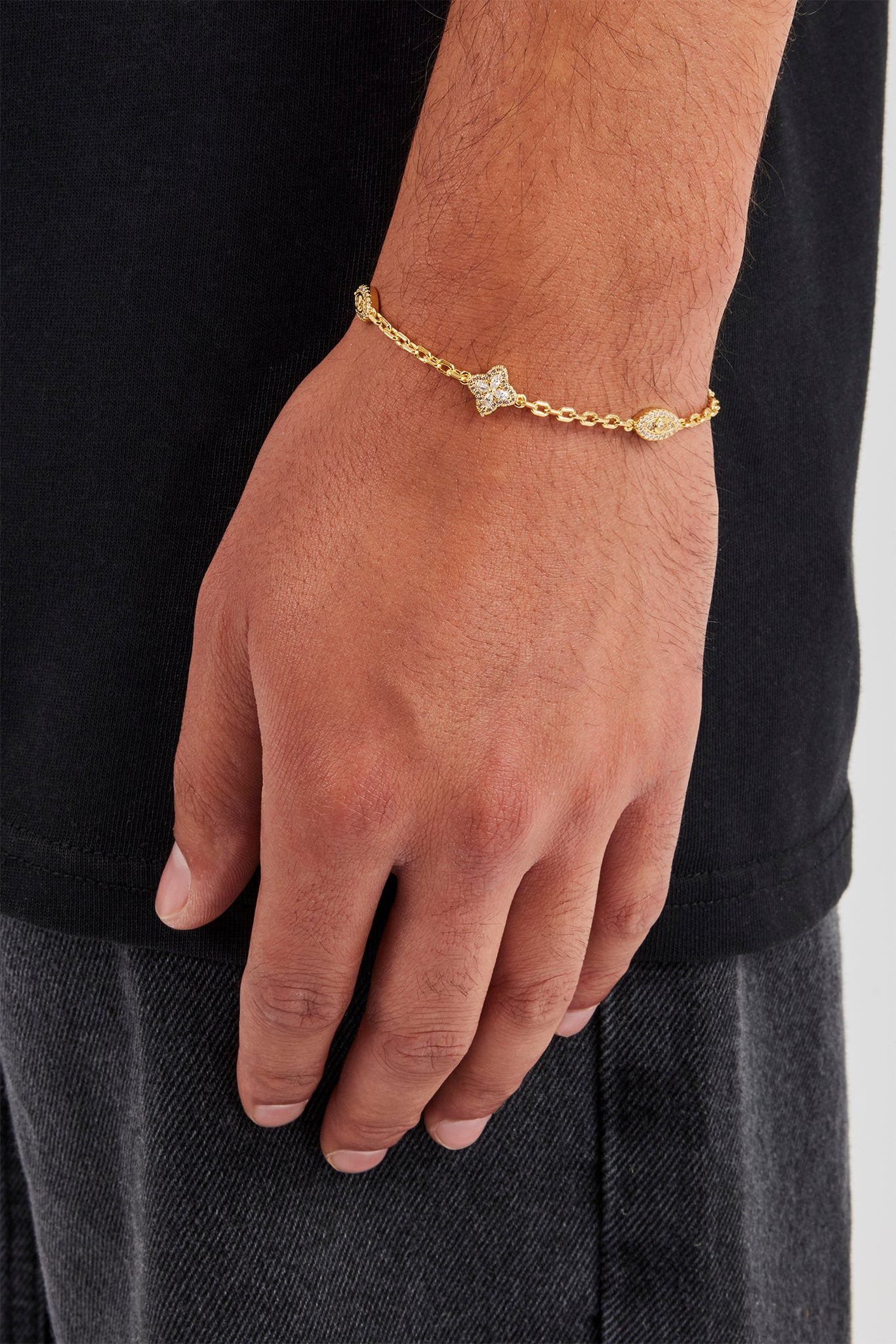 Rolo-Armband mit klarem CZ-Baguette-Motiv – 8 mm – Gold