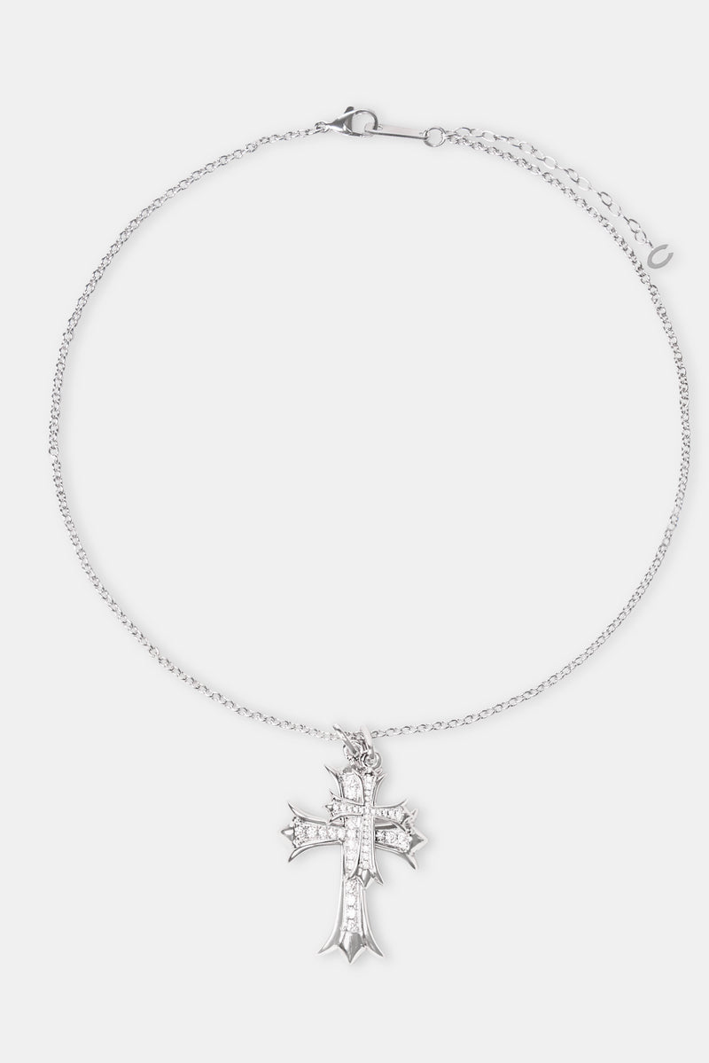 Double Iced Cross Necklace - White - 45mm