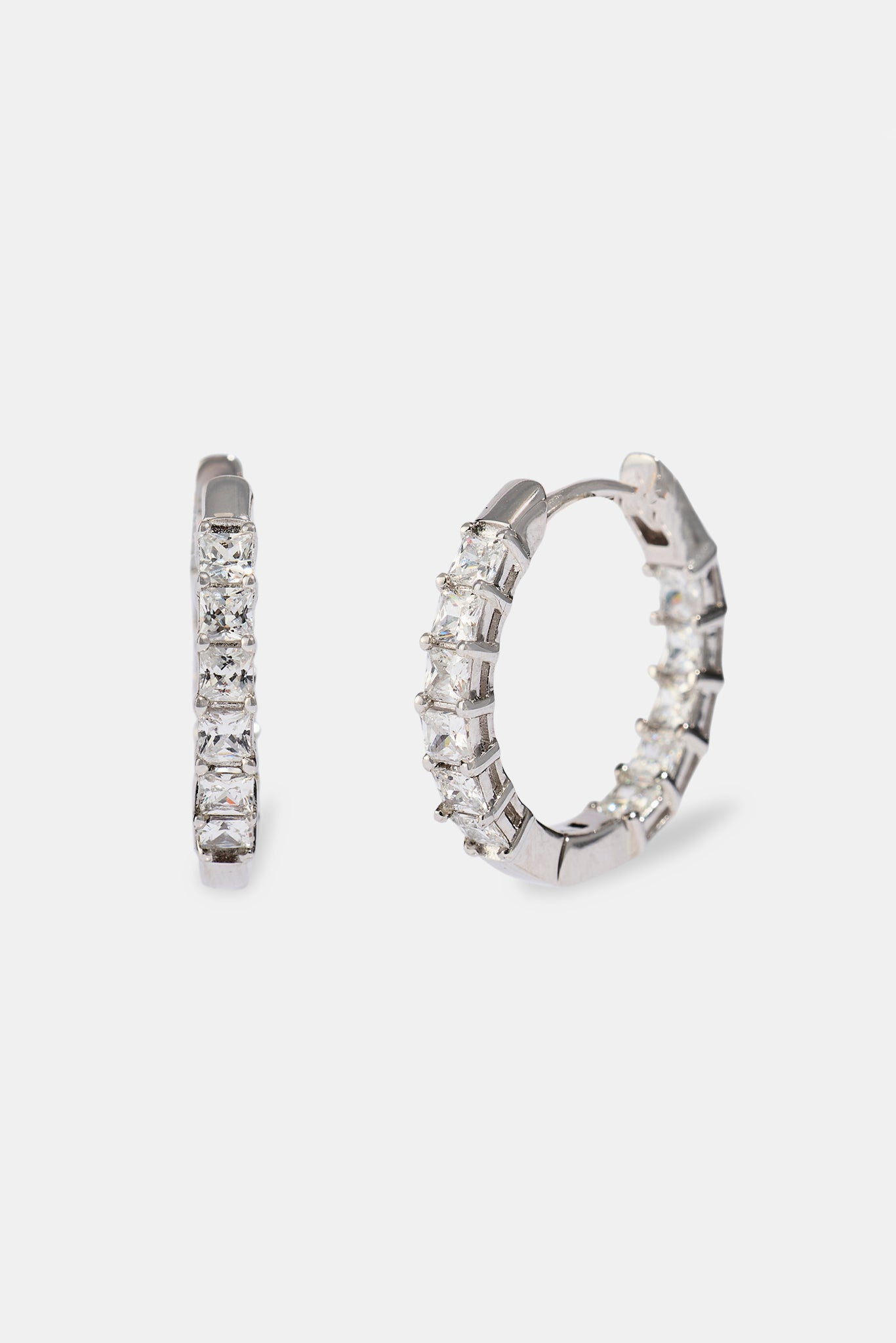 Iced Baguette Hoop Earrings - 20mm - White Gold