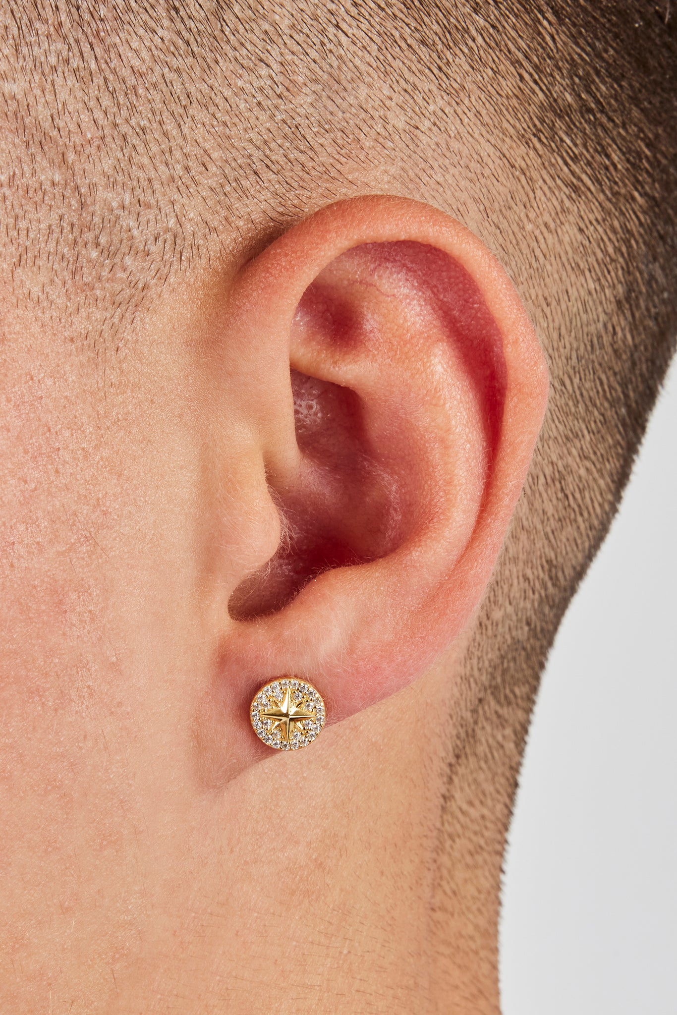 Iced Compass Stud Earrings - 8mm - Gold