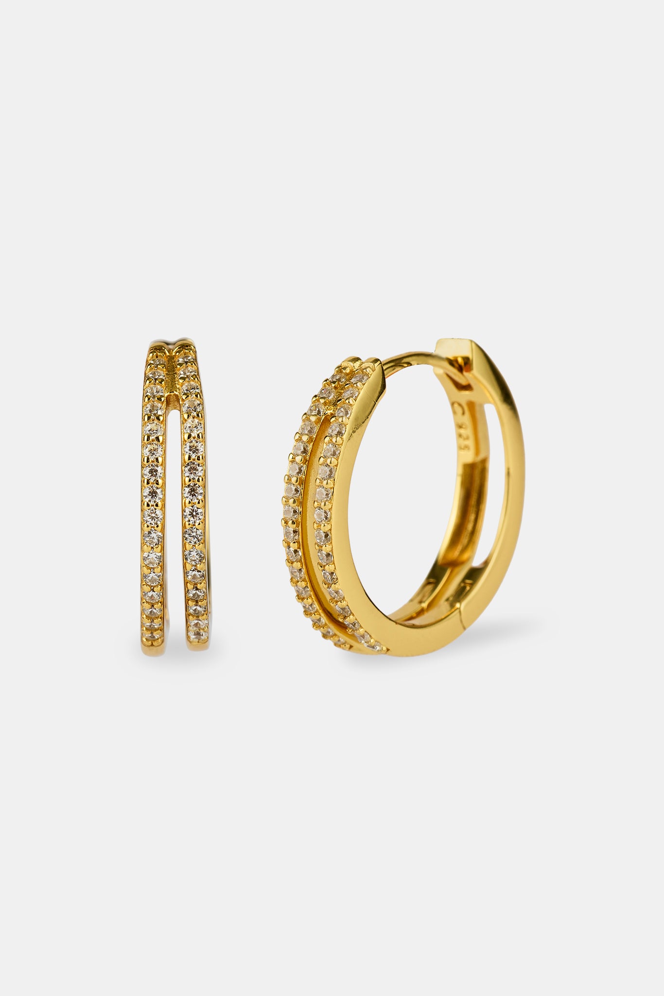 Iced Double Row Hoop Earrings - 20mm - Gold
