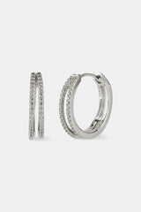 Iced Double Row Hoop Earrings - 20mm - White Gold