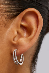 Iced Double Row Hoop Earrings - 20mm - White Gold