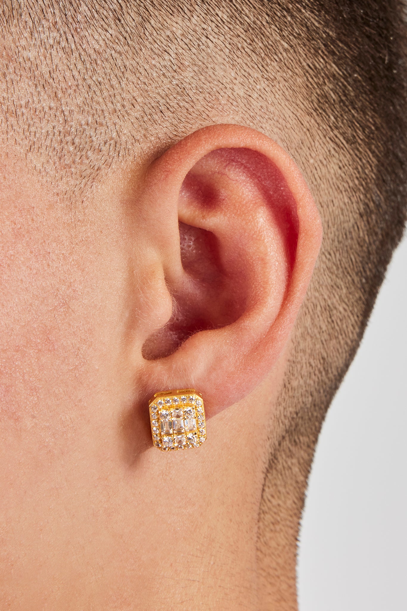 Iced Pave & Baguette Stone Studs - 10mm - Gold