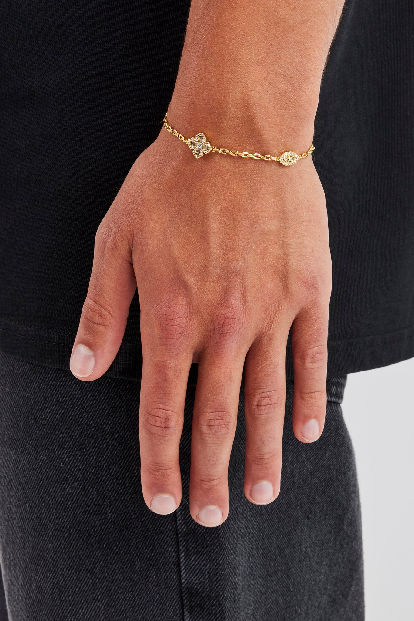 Iced Evil Eye & Cross Rolo Bracelet - 6mm - Gold