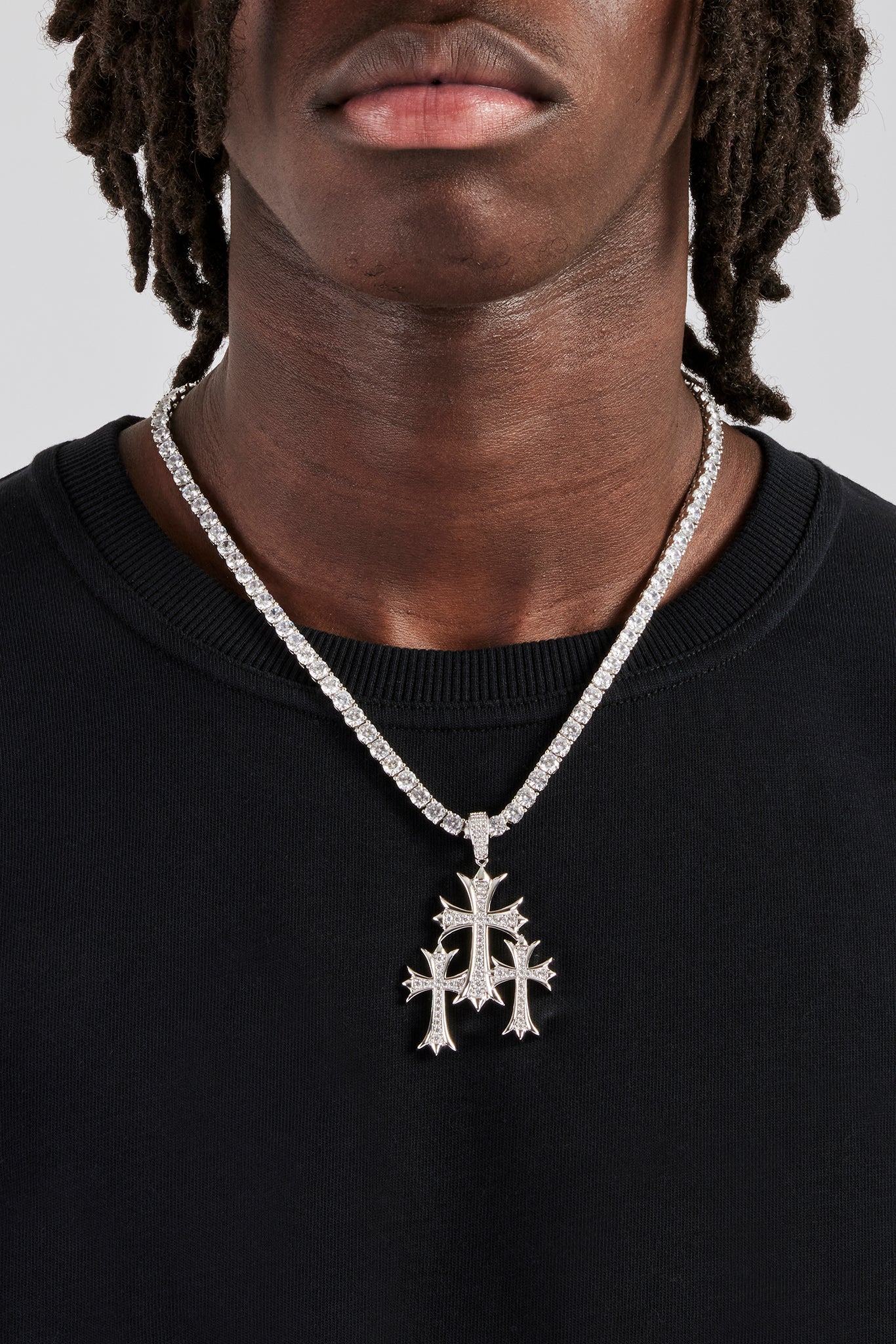 5mm Tenis Chain & Iced Gothic Triple Cross Pendant - 40mm | Mens