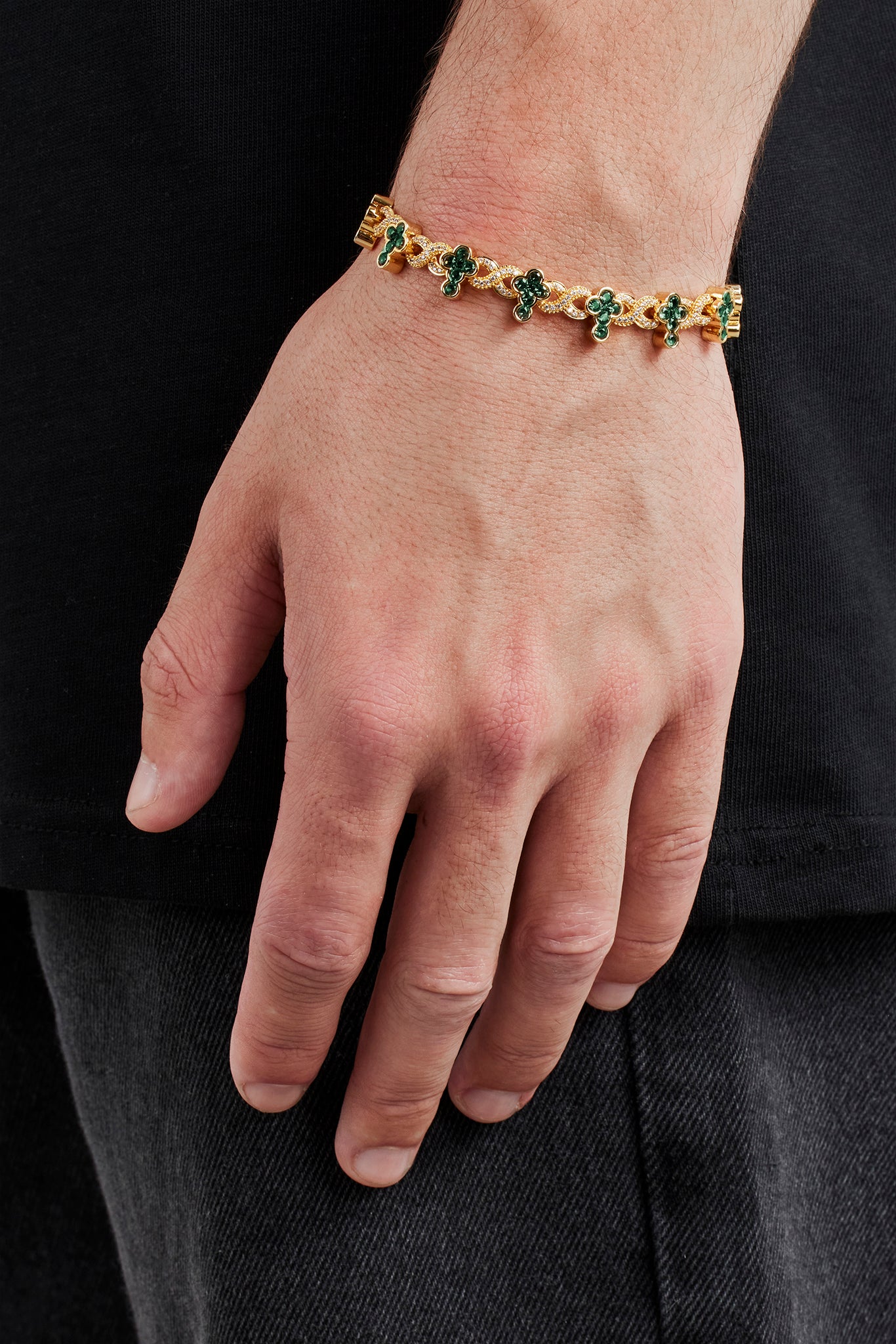 Iced Green Cross Infinity Link Bracelet - 10mm | Mens Bracelets