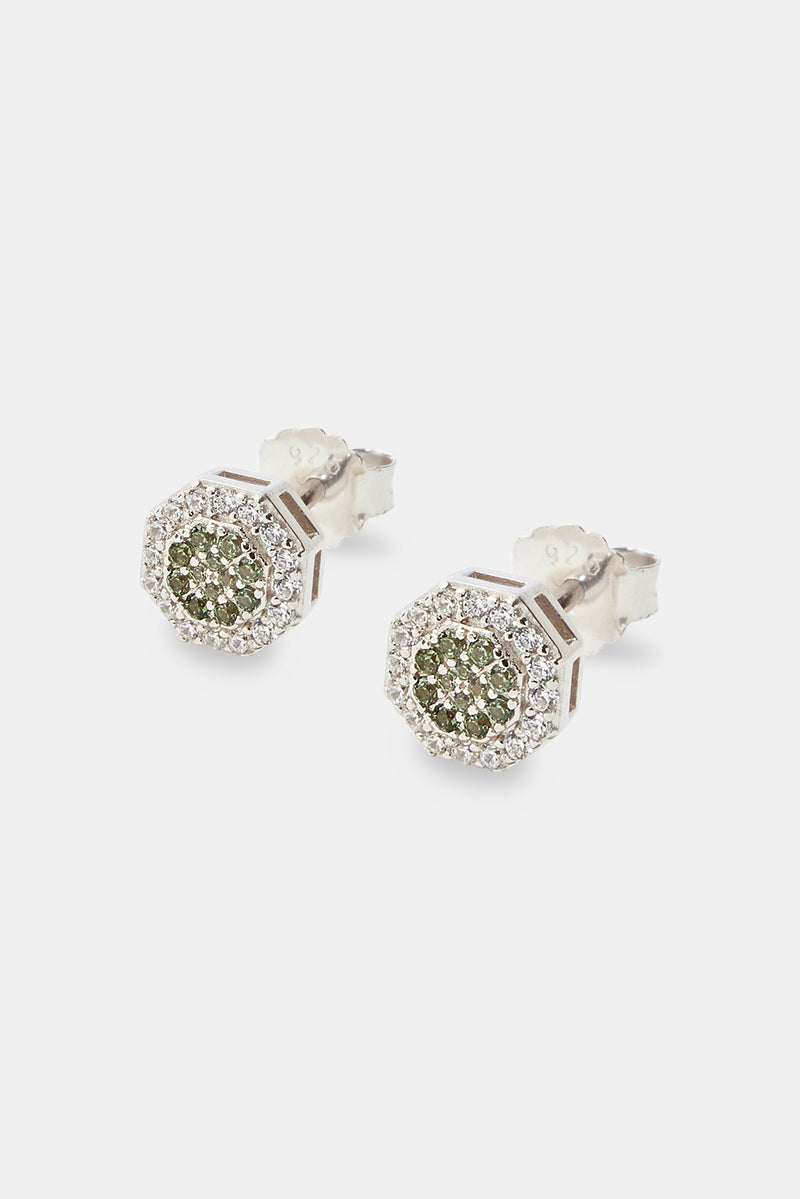 Dark Green Iced Shape Stud Earrings - 8mm
