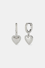 Iced Hoop Heart Drop Earrings - 10mm - White Gold