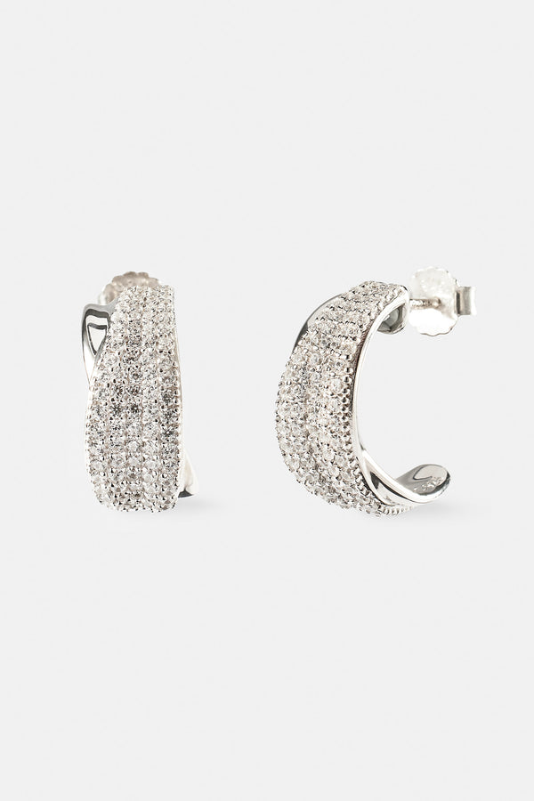 Iced & Polished Cross Over Hoops - 20mm - White