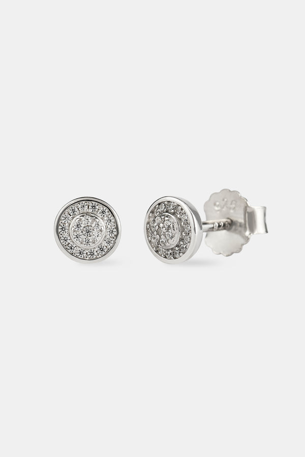 Iced Pave Edge Round Stud Earrings - 6mm - White