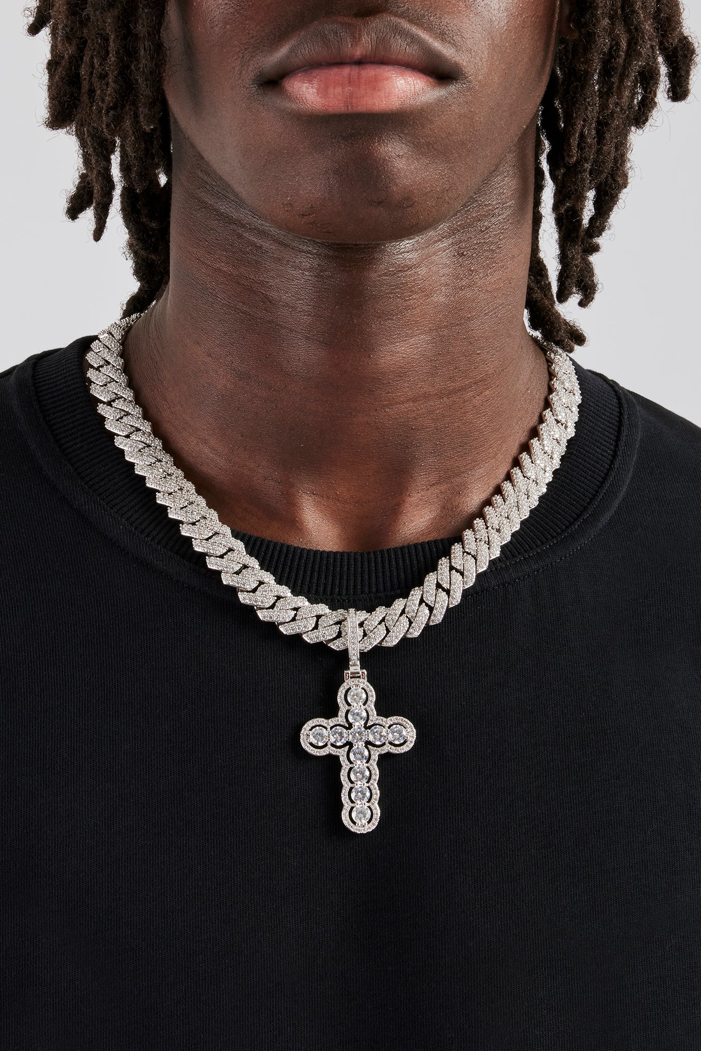 14 mm kubanische Zinkenkette und Kreuzanhänger mit rundem Eisstein