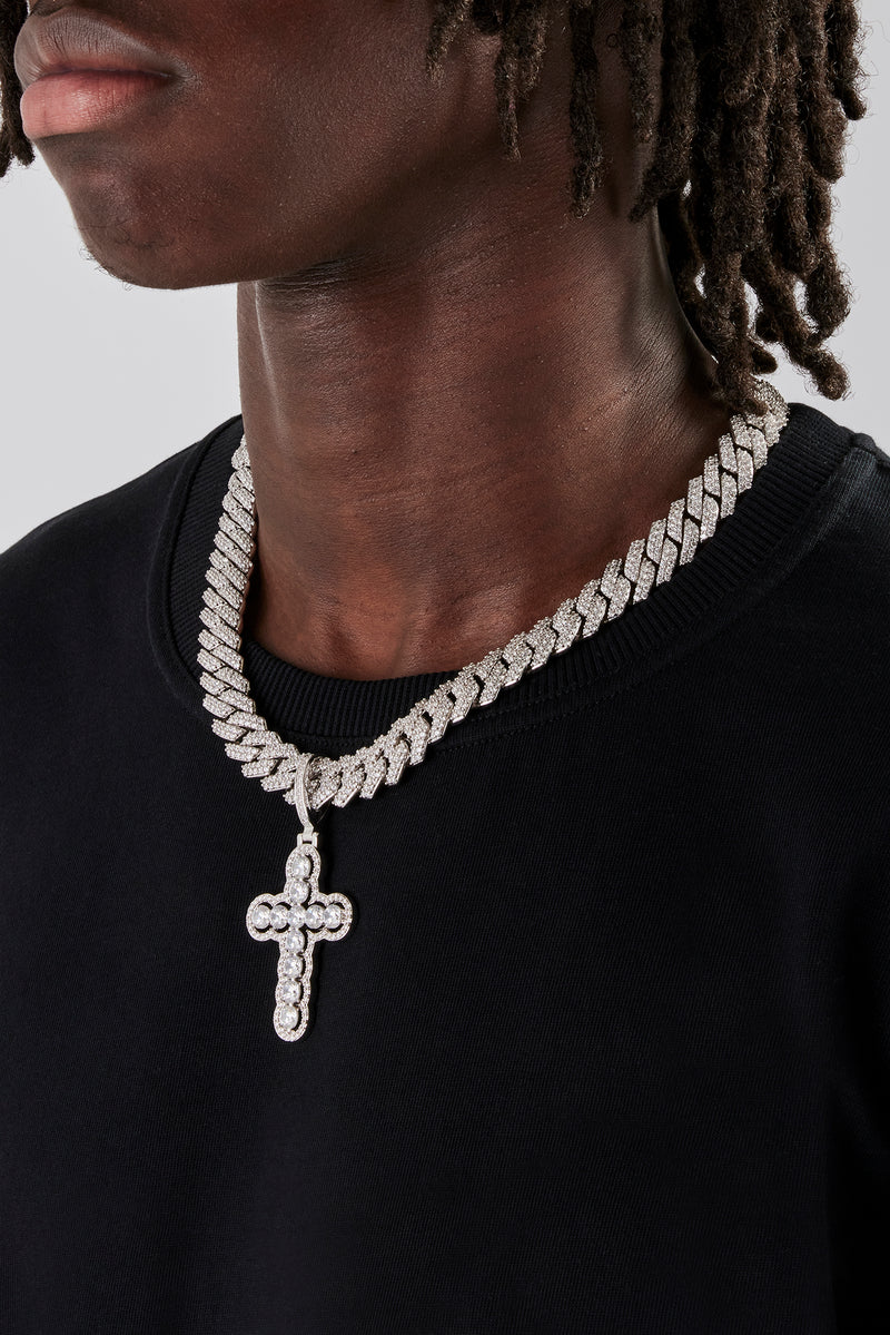 14 mm kubanische Zinkenkette und Kreuzanhänger mit rundem Eisstein