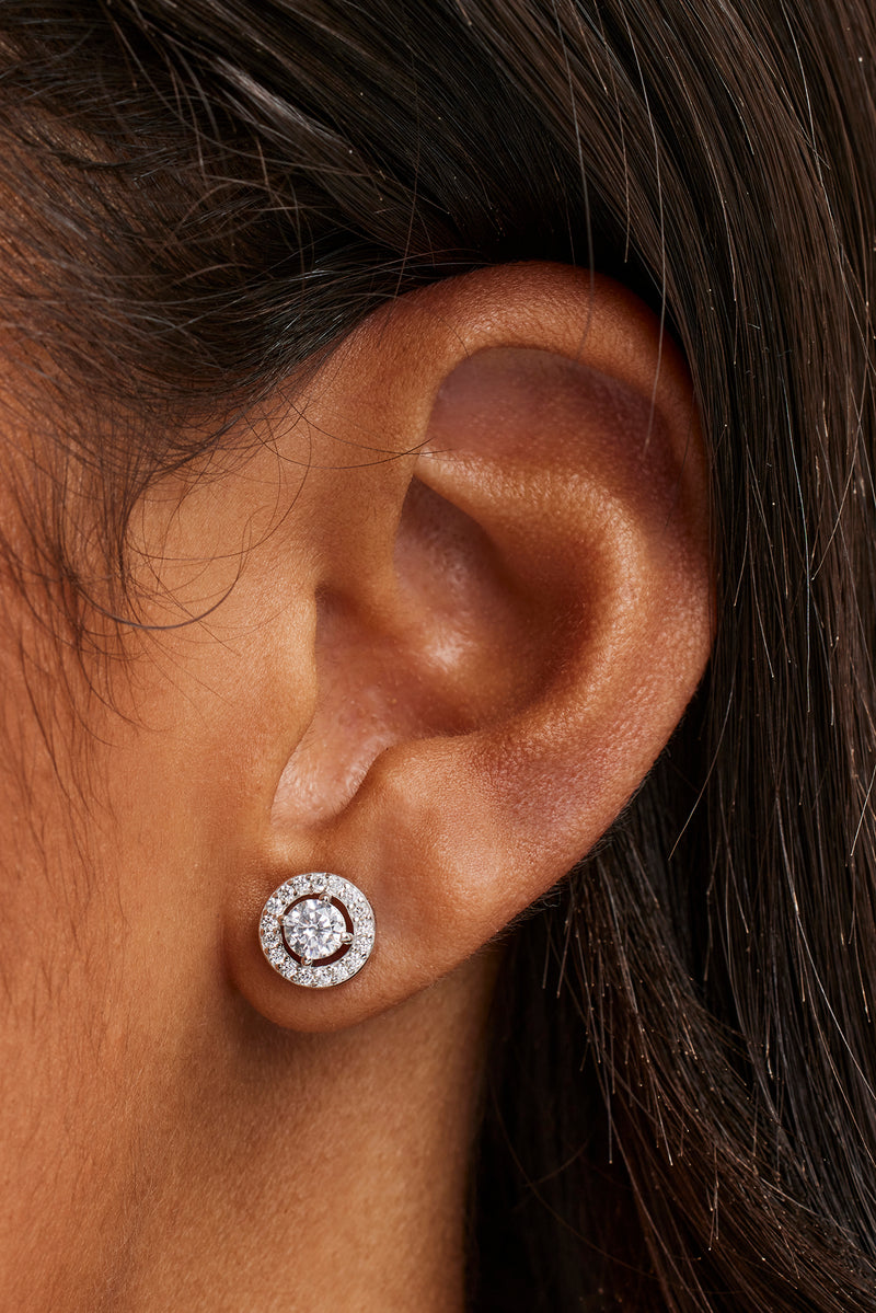 Iced Round Cluster Stud Earrings - 8mm - White