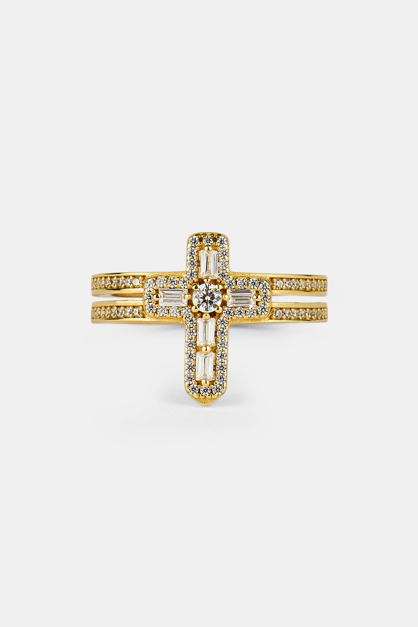 Iced Cross Double Row Ring - 15mm - Gold