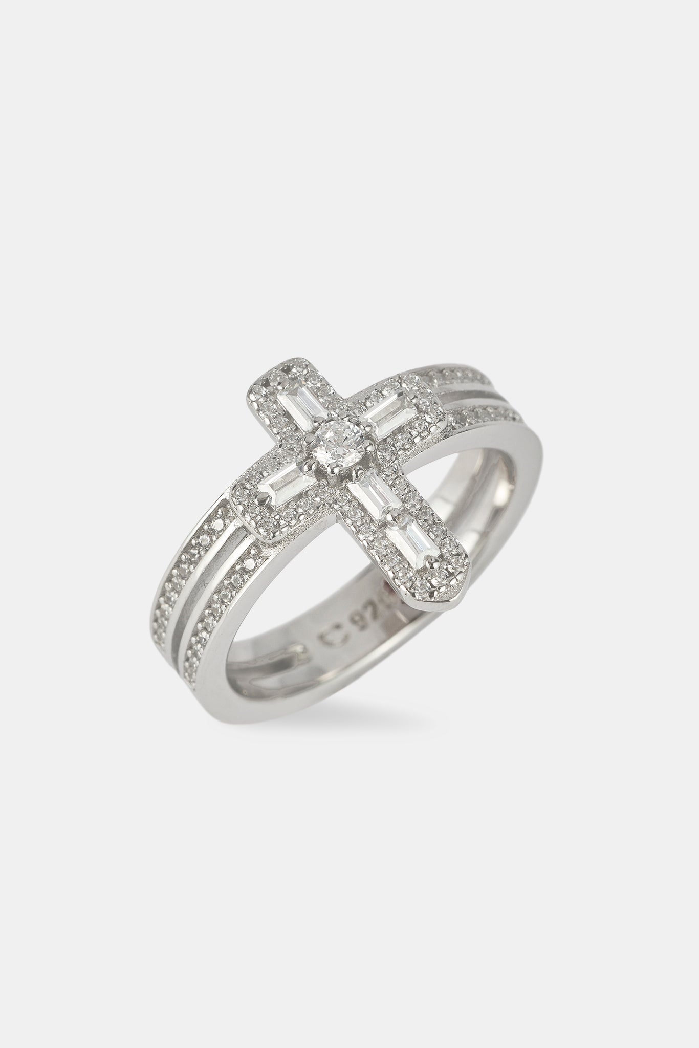Iced Cross Double Row Ring - 15mm - White Gold