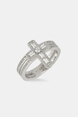 Iced Cross Double Row Ring - 15mm - White Gold