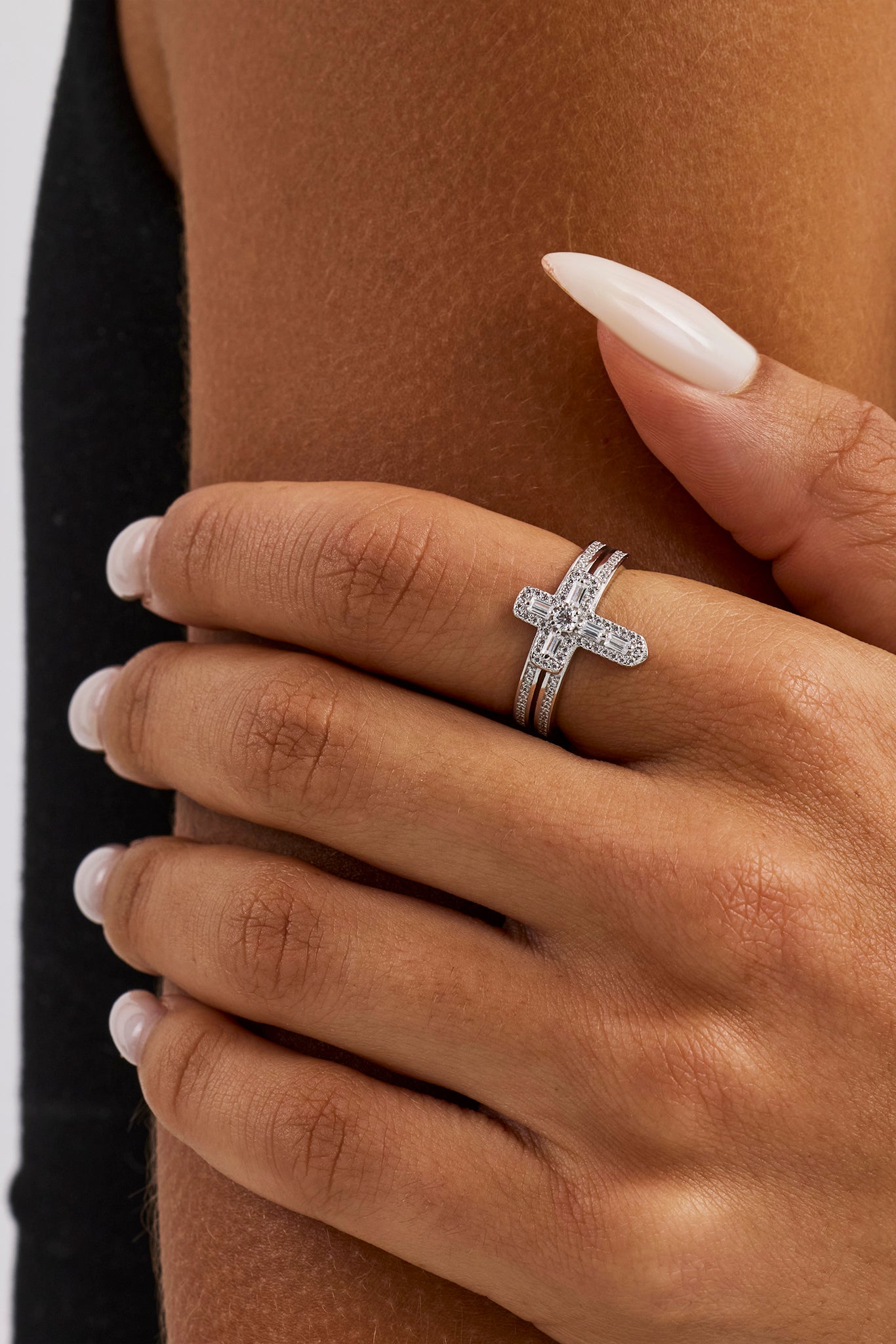 Iced Cross Double Row Ring - 15mm - White Gold