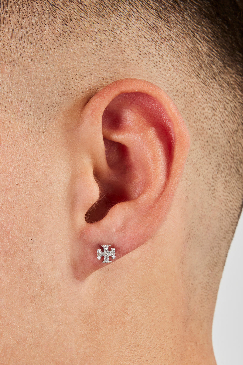 Iced Cross Motif Stud Earrings - 6mm