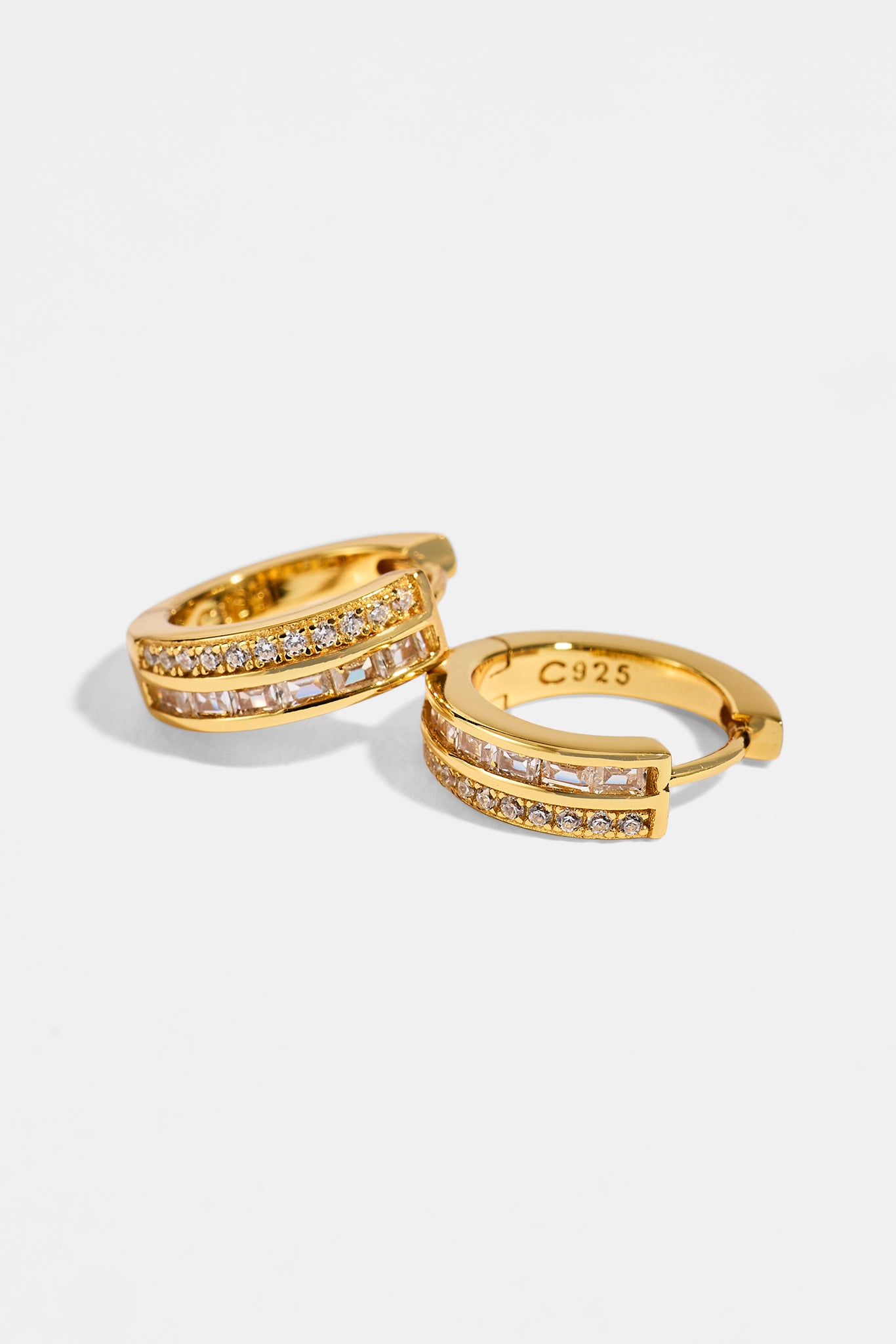 Mens Iced Tennis & Baguette Stone Hoop Earrings - 10mm - Gold