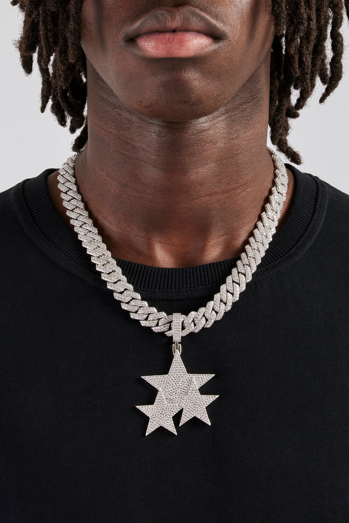 Iced Triple Star Pendant 14mm Prong Cuban Chain Mens Bundles