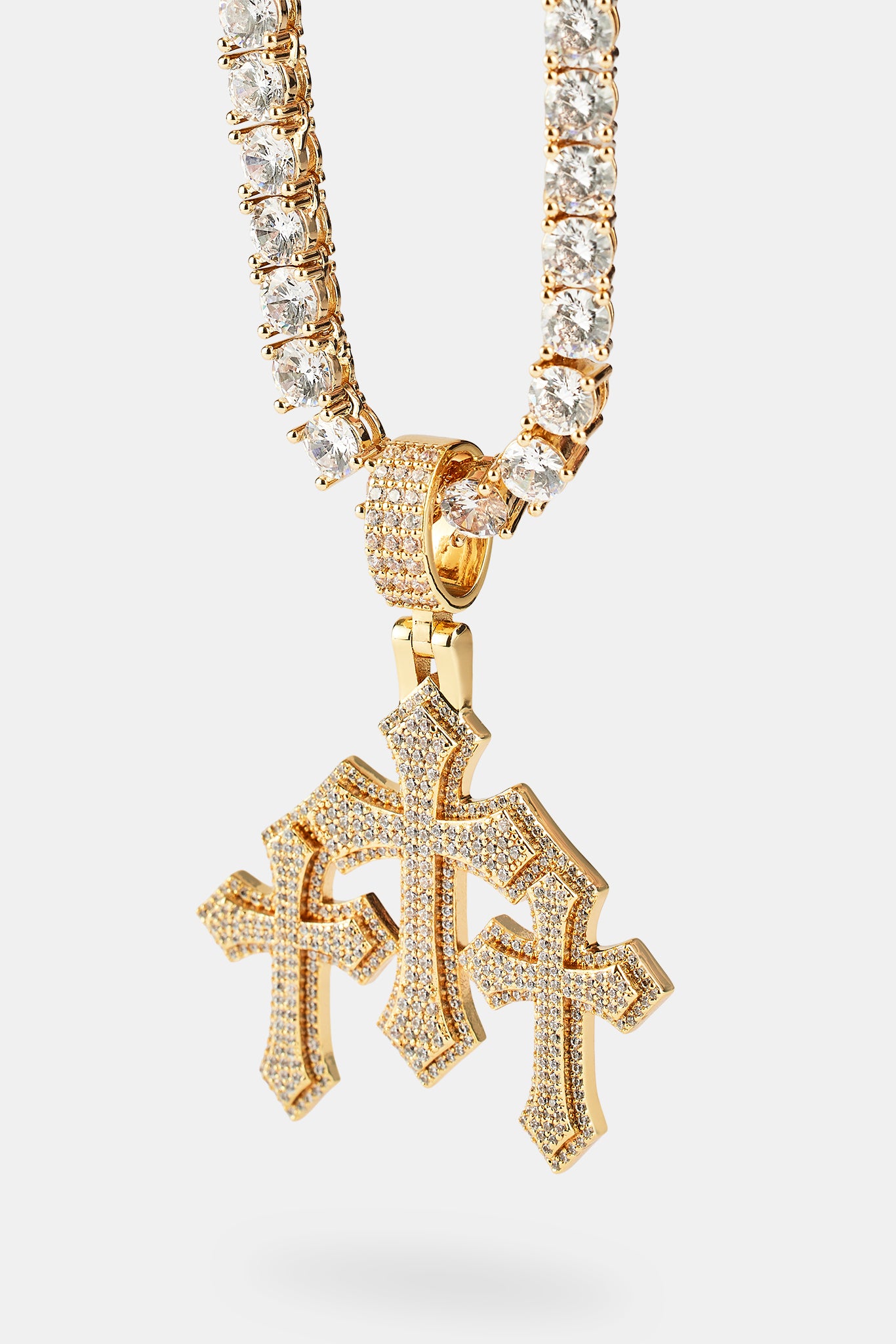 Women's Triple Cross Pendant & 5mm Tennis Chain - Gold