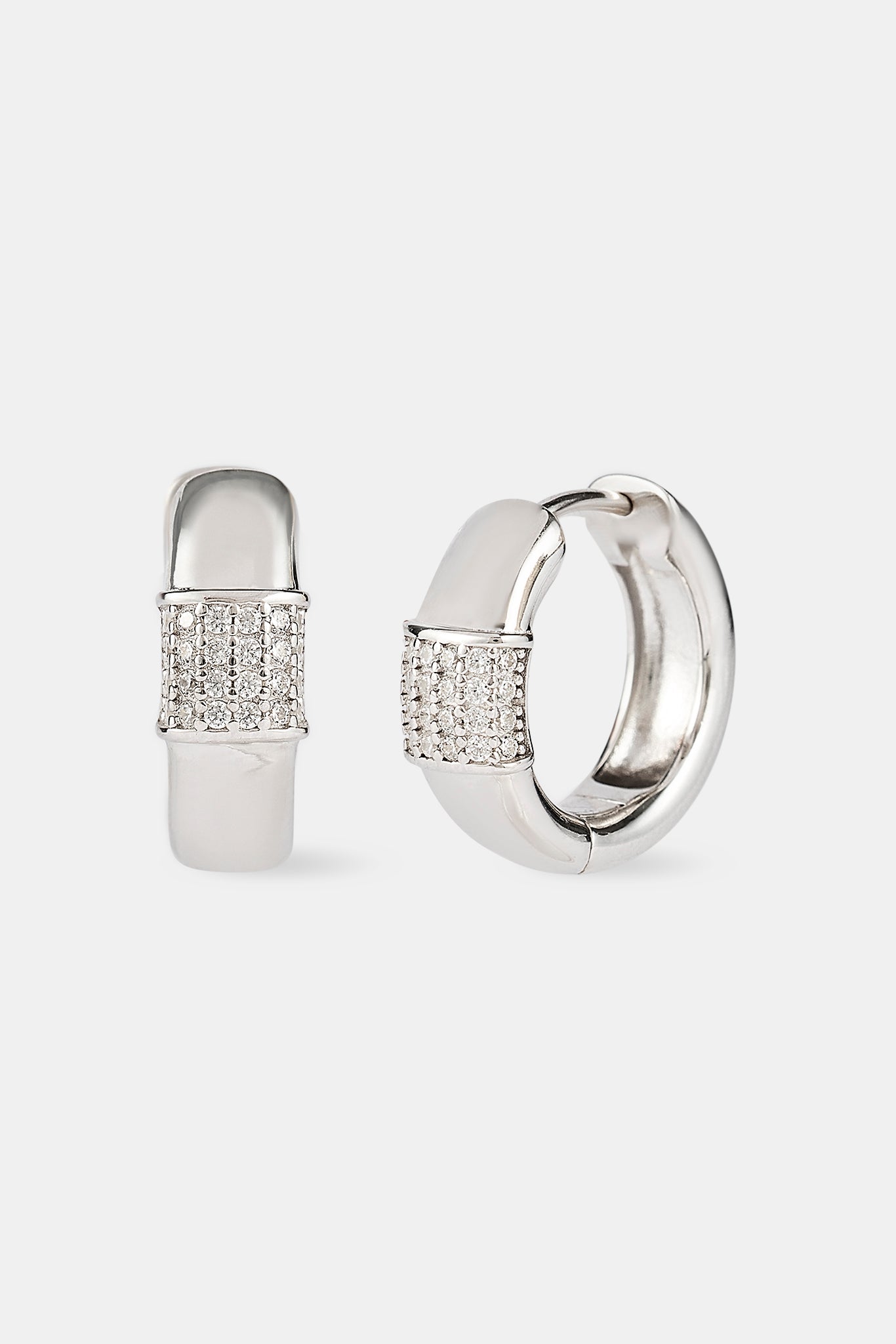 Iced Panel Huggie Hoop Earring - 15mm- White