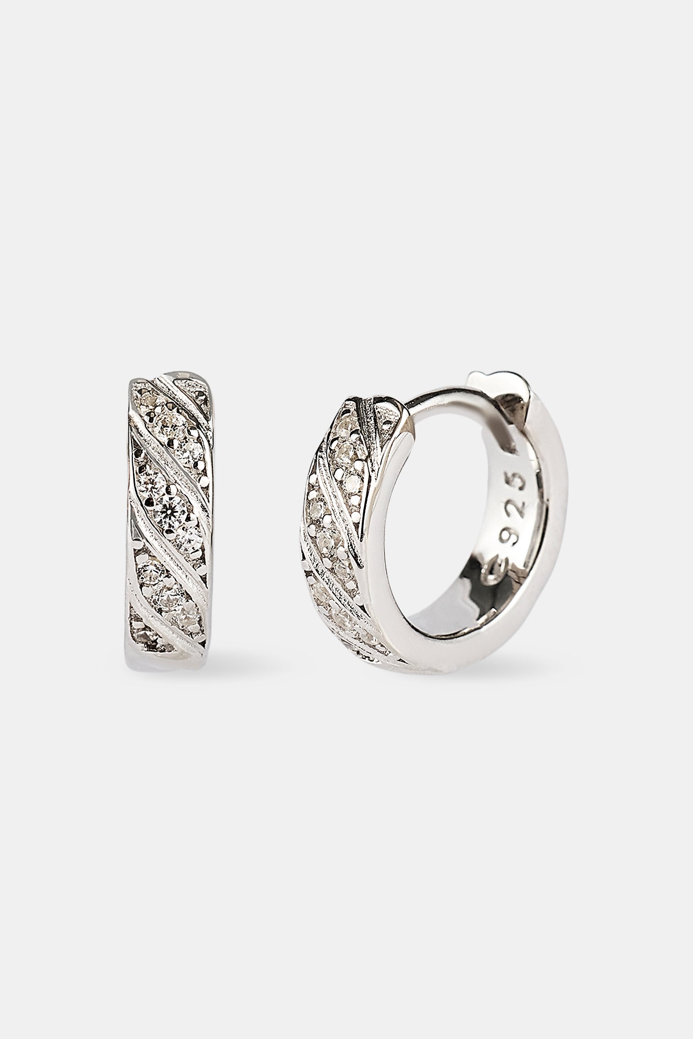 Iced Diagonal Stripe Huggie Hoop Earring - 13mm - White