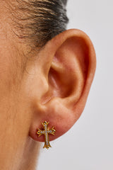 Polished Edge Iced Cross Stud Earrings - 15mm - Gold