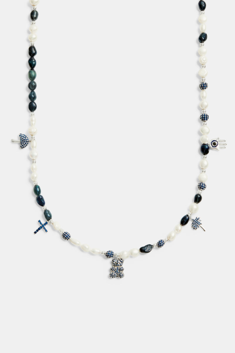 Pearl And Iced Blue Motif Necklace - White Gold
