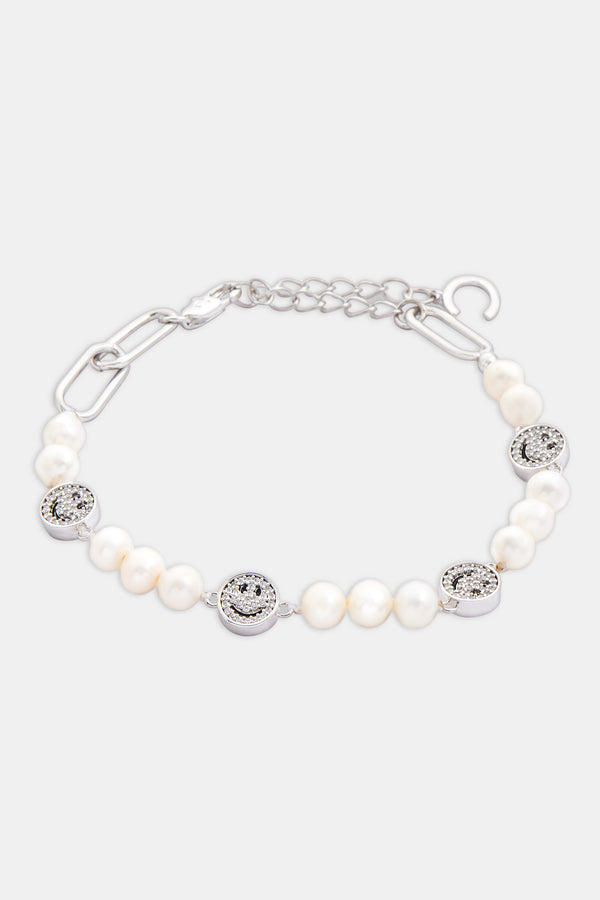 Pearl And Iced Face Motif Bracelet - White Gold