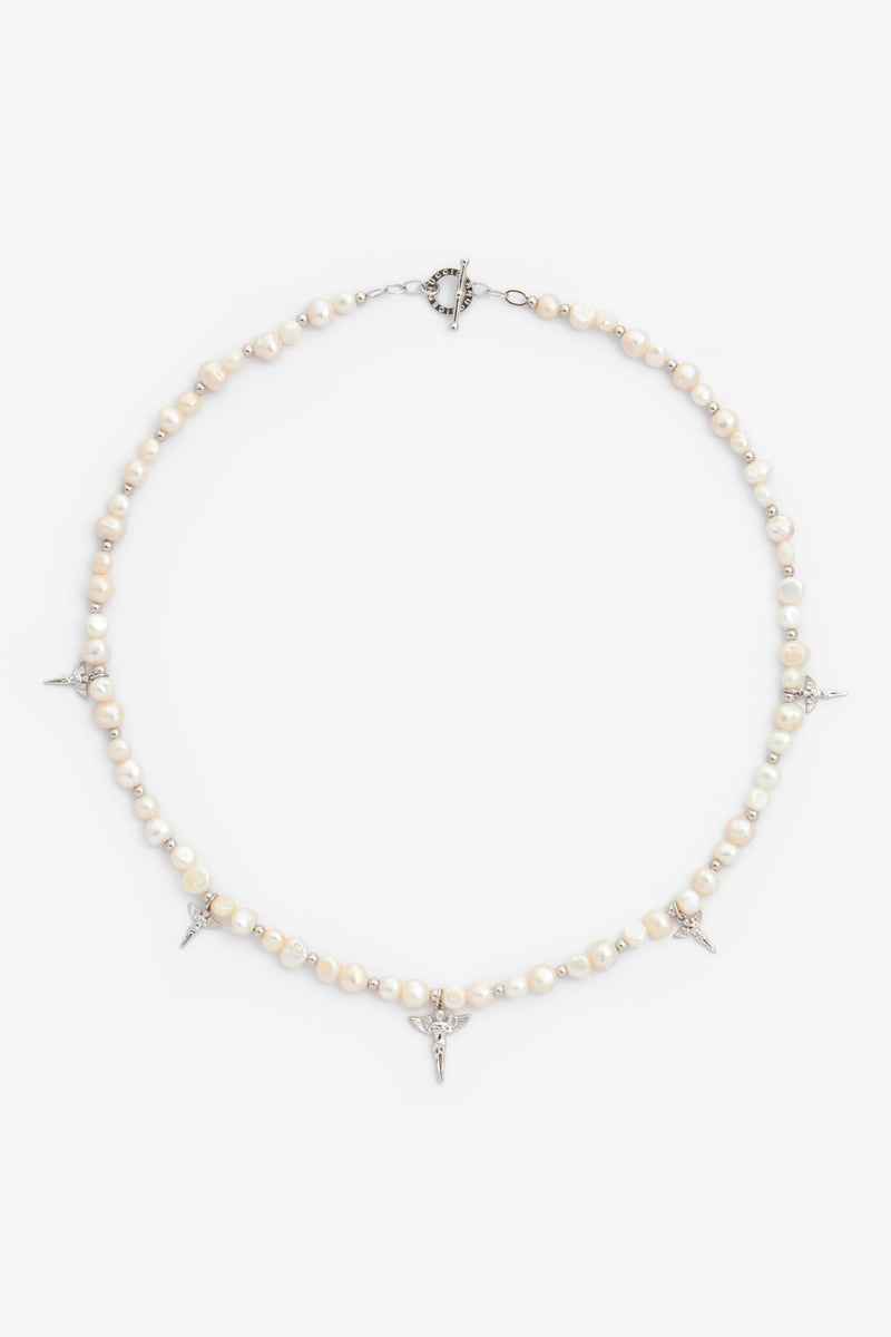 Pearl And Polished Motif Necklace - White Gold