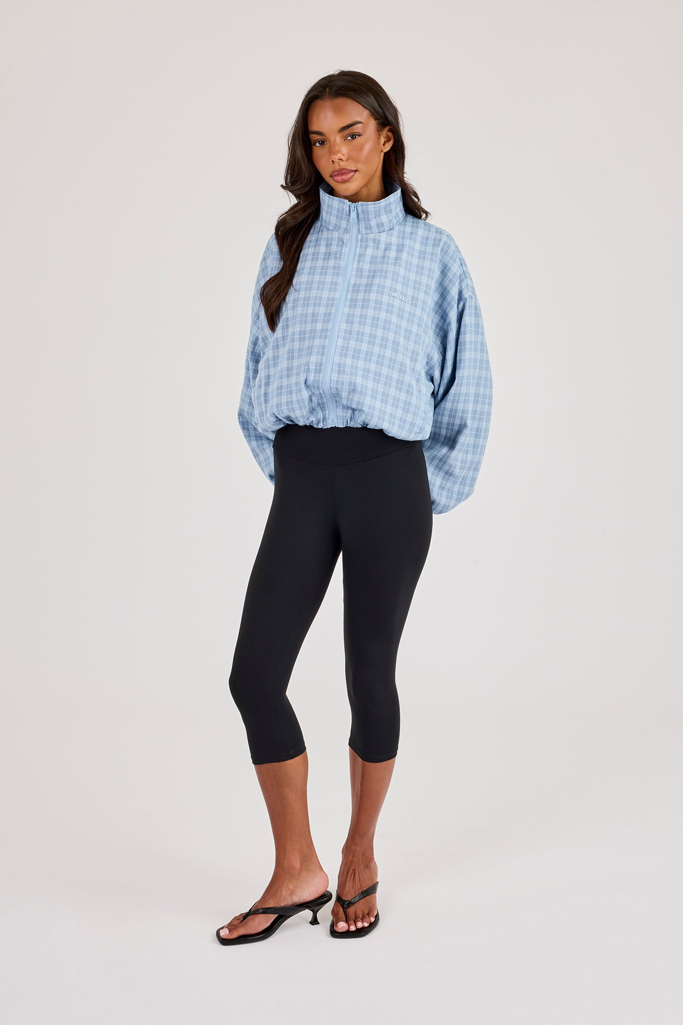 Funnel-Neck-Zip-Jacke mit Karomuster – Blau