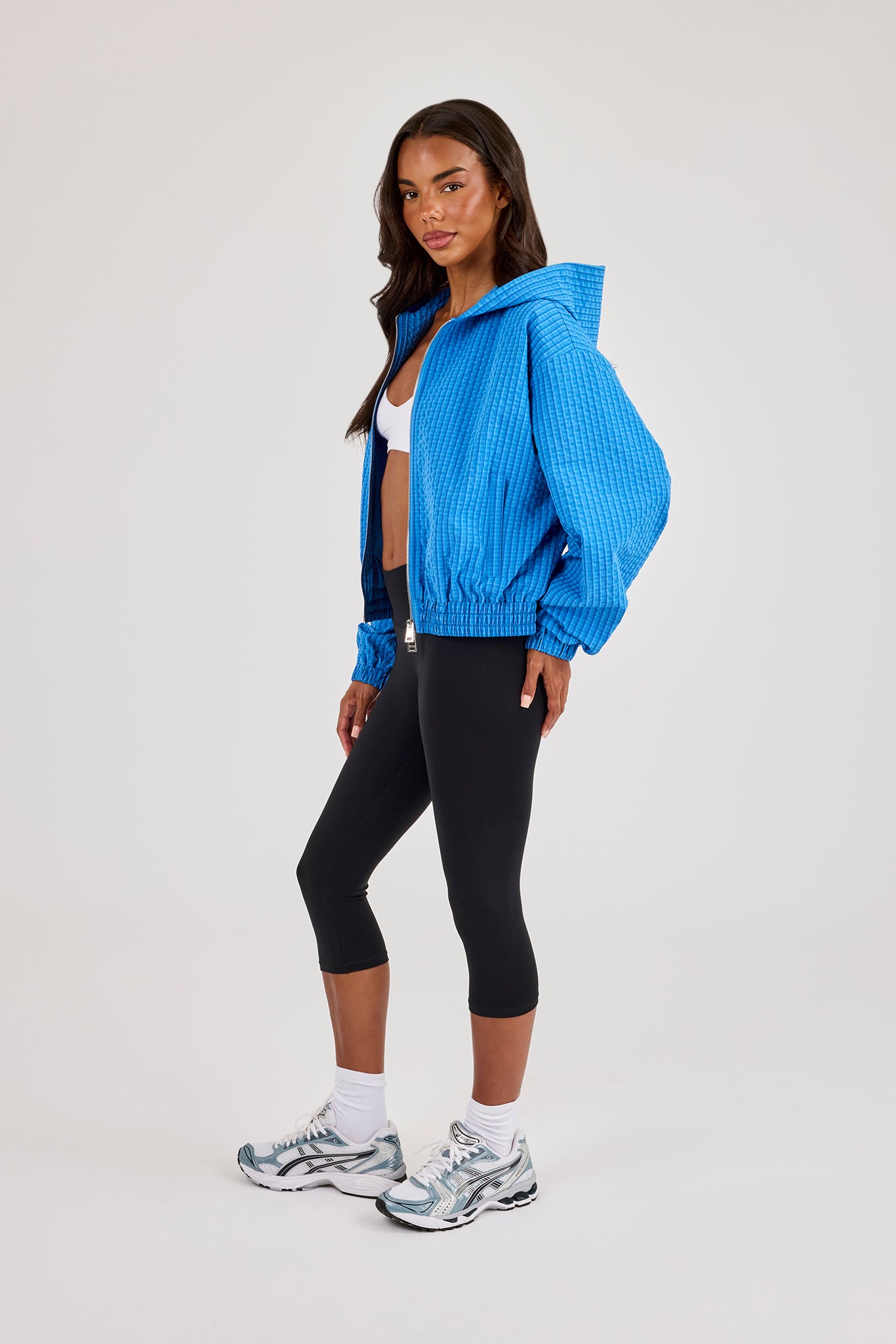 Crinkle Check Nylon Hooded Zip Through - Blue
