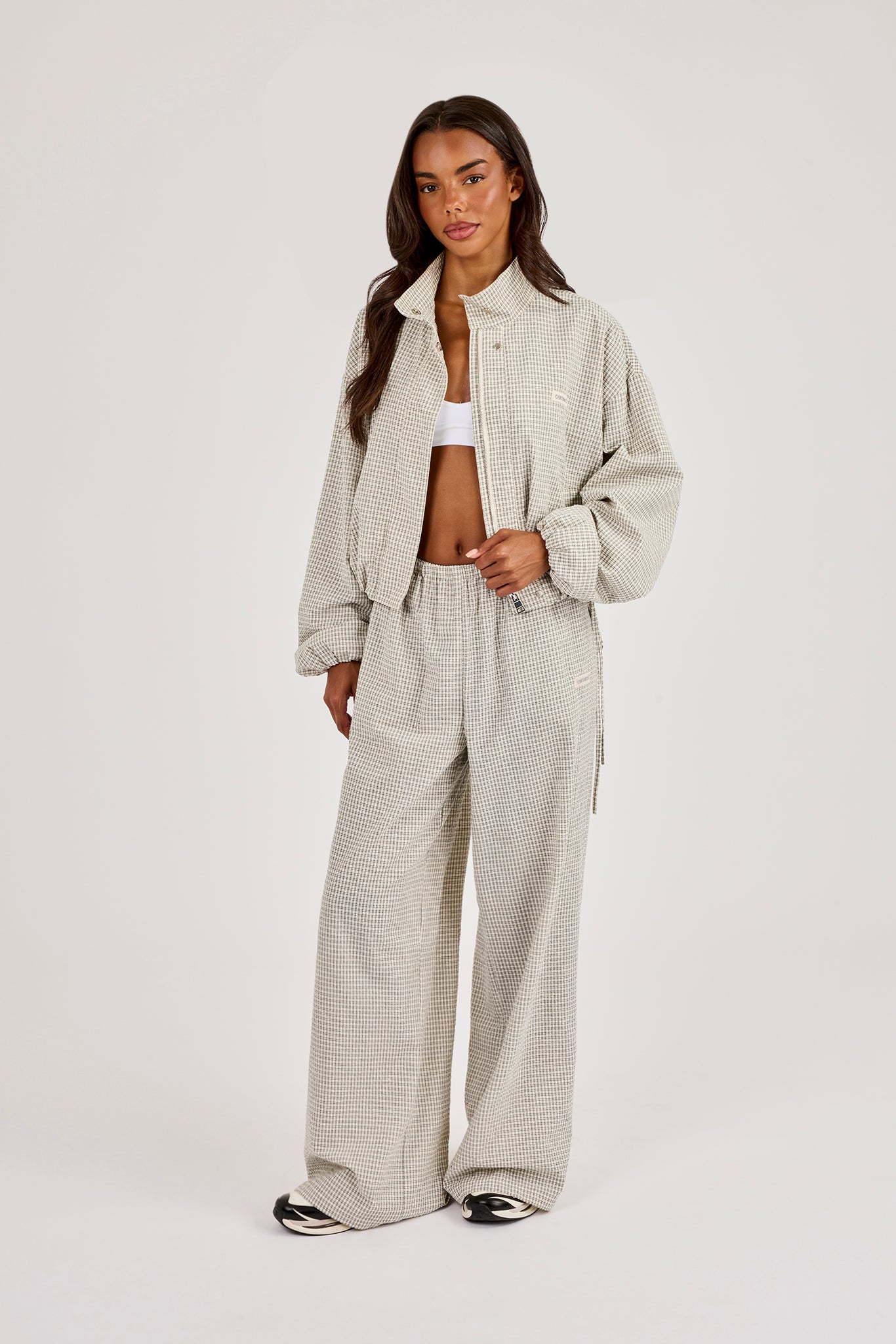 Check Twill Funnel Neck Jacket & Wide Leg Trouser – Off White