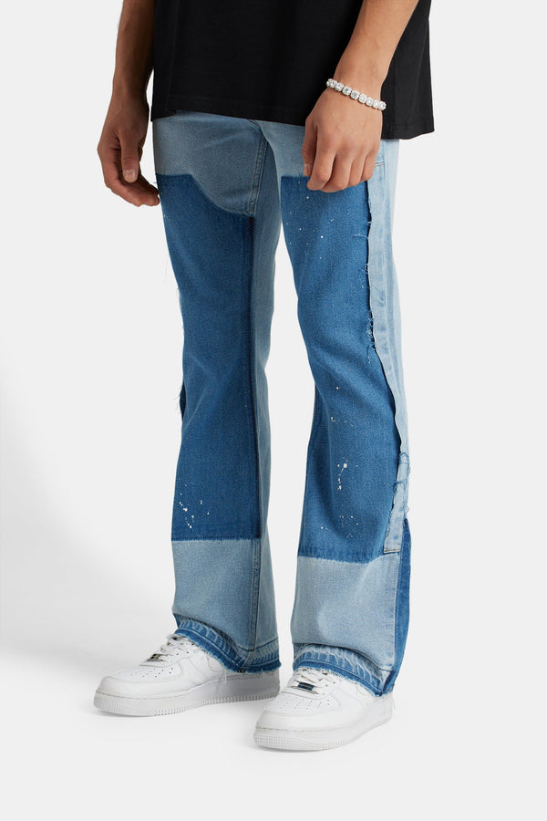 Carpenter Panelled Flare Fit Jeans - Mid Blue