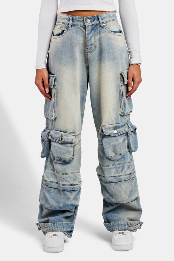 Baggy Cargo Jeans - Bleach Wash