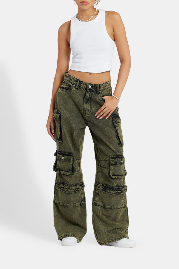 Acid Wash Baggy Cargo Jeans - Green
