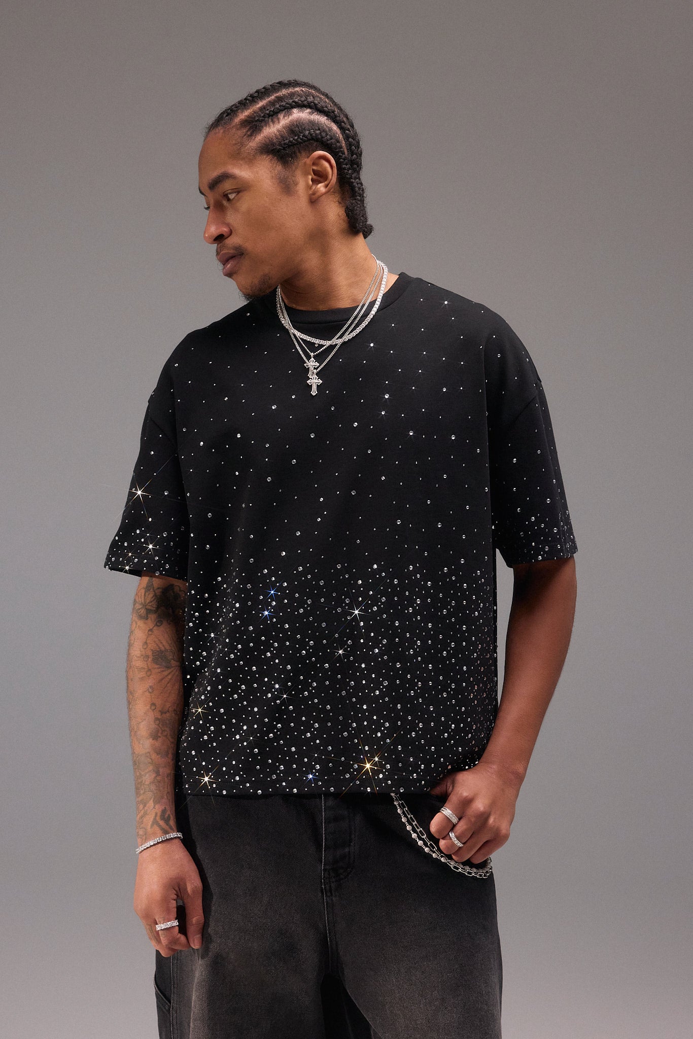 Boxy Rhinestone T-Shirt - Black | Mens Tees & Vests | Shop T