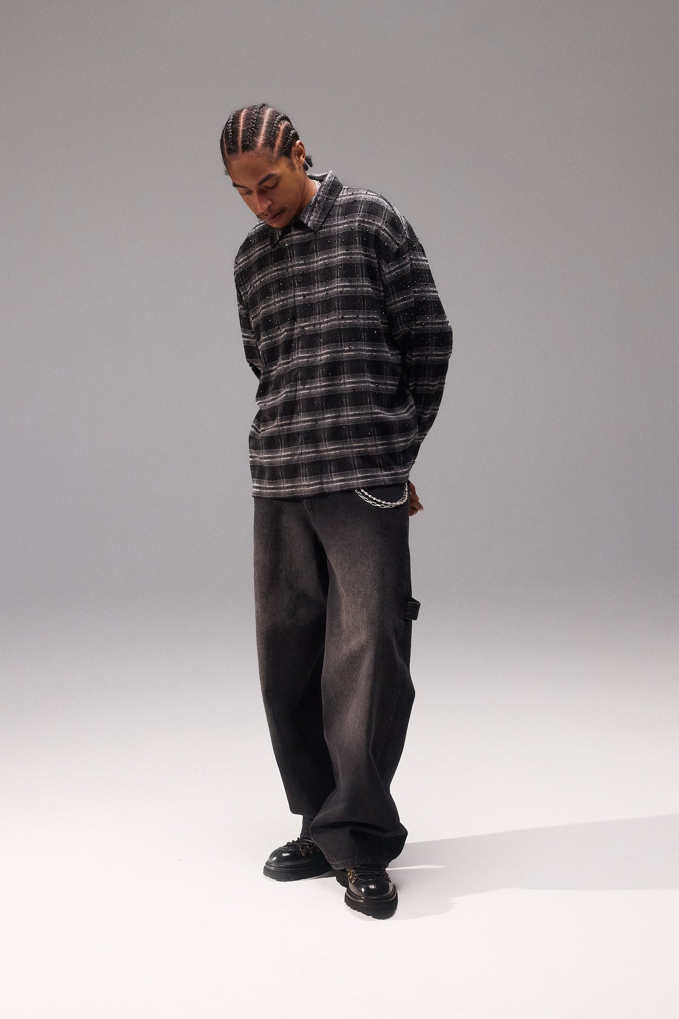 Strasskariertes Hemd – Schwarz