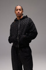 Kapuzenjacke mit Strass-Reißverschluss – Schwarz